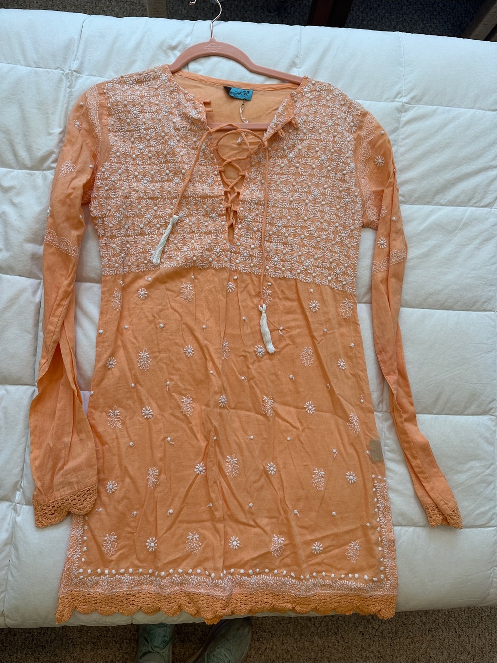 Letarte Peach Embroidered Lace-Up Long-Sleeve Dress